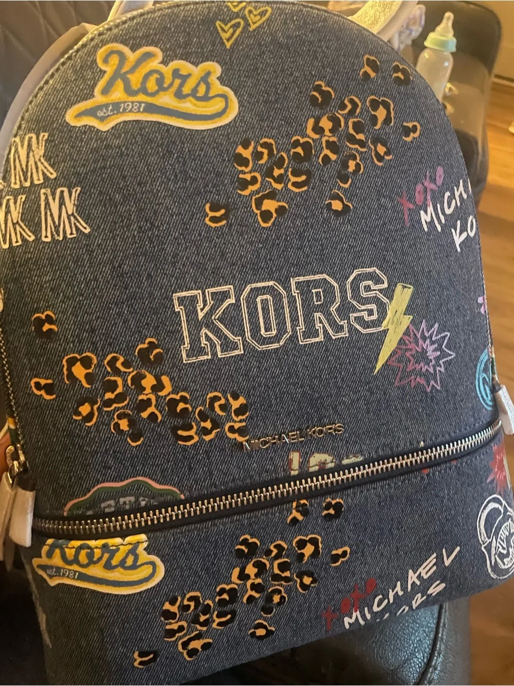 Michael Kors Kids Denim-Style Backpack with Leopard and Graphic Accents